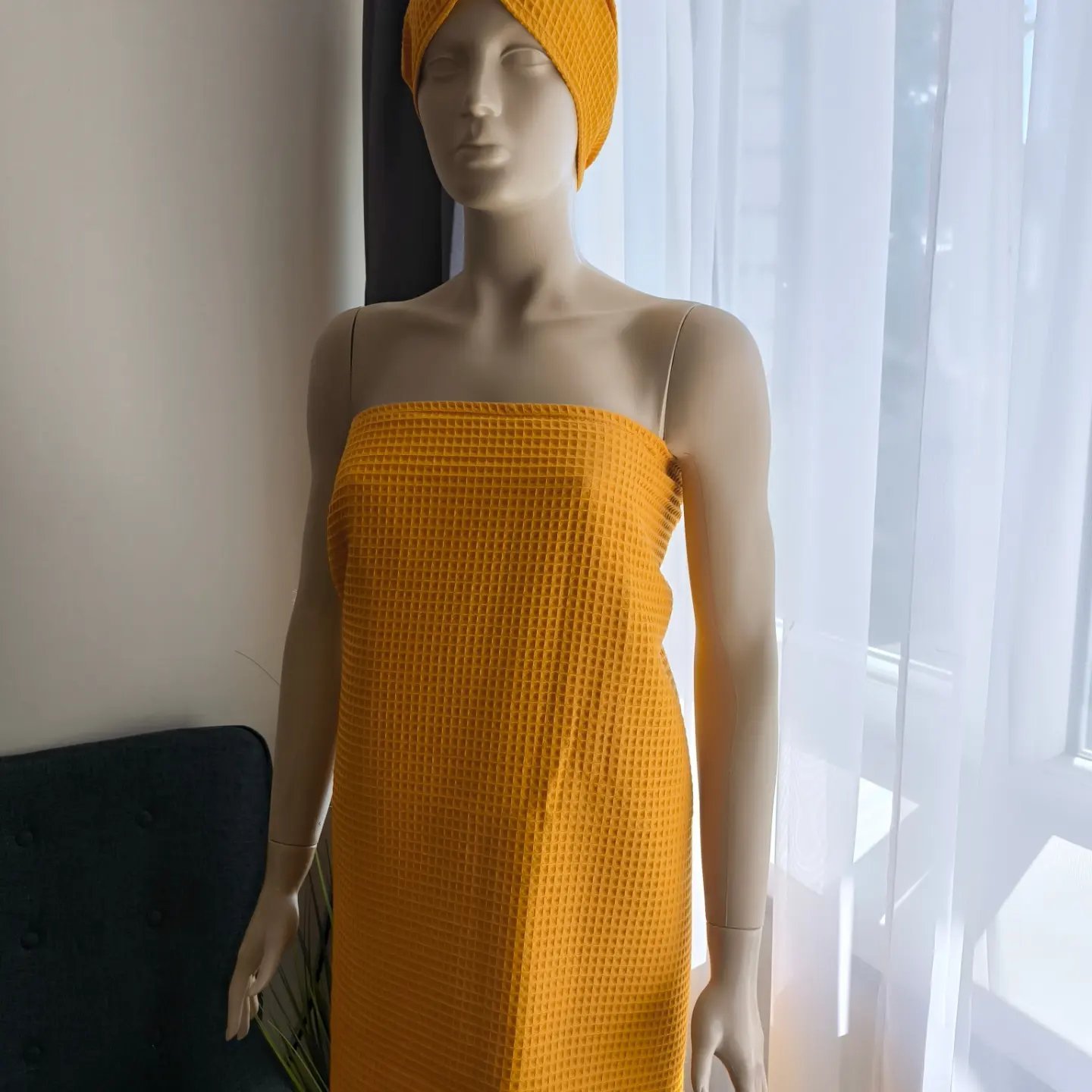2024/10/1000024656.jpg Medvilnės vafliuko rankšluostis su turbanu plaukams toffe spalva - Image 1