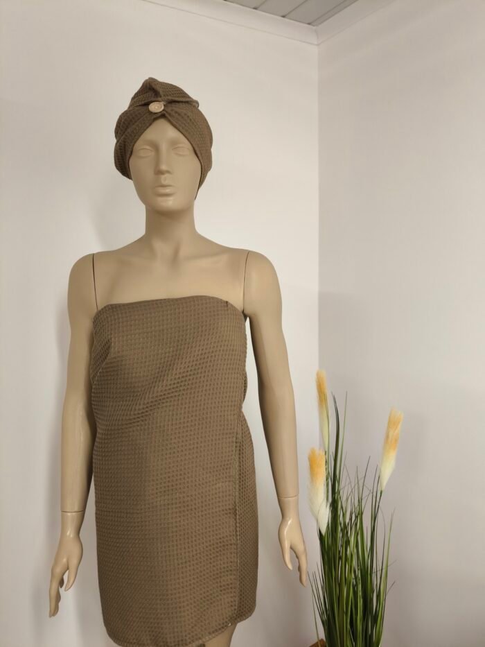 Medvilnės vafliuko rankšluostis su turbanu plaukams ruda - Image 1