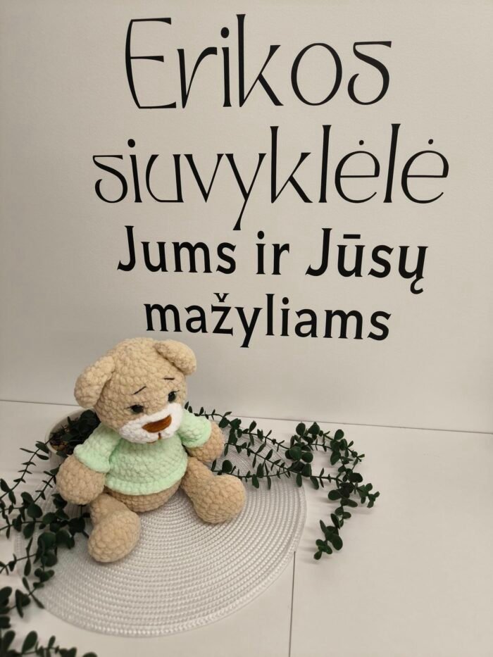 Rankų darbo pliušinis meškiukas su švelniai žaliais marškinėliais - Image 1
